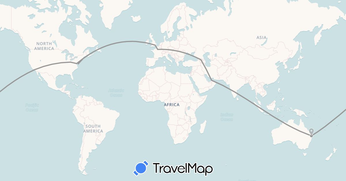 TravelMap itinerary: driving, plane in United Arab Emirates, Australia, France, United Kingdom, Georgia, United States (Asia, Europe, North America, Oceania)